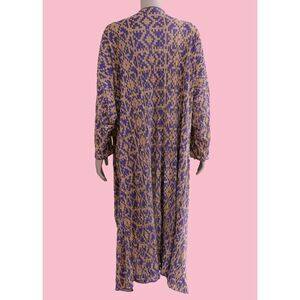 Purple Gold Print Pleated Duster Cardigan Kimono Open Front Boho Womens‎ Size L